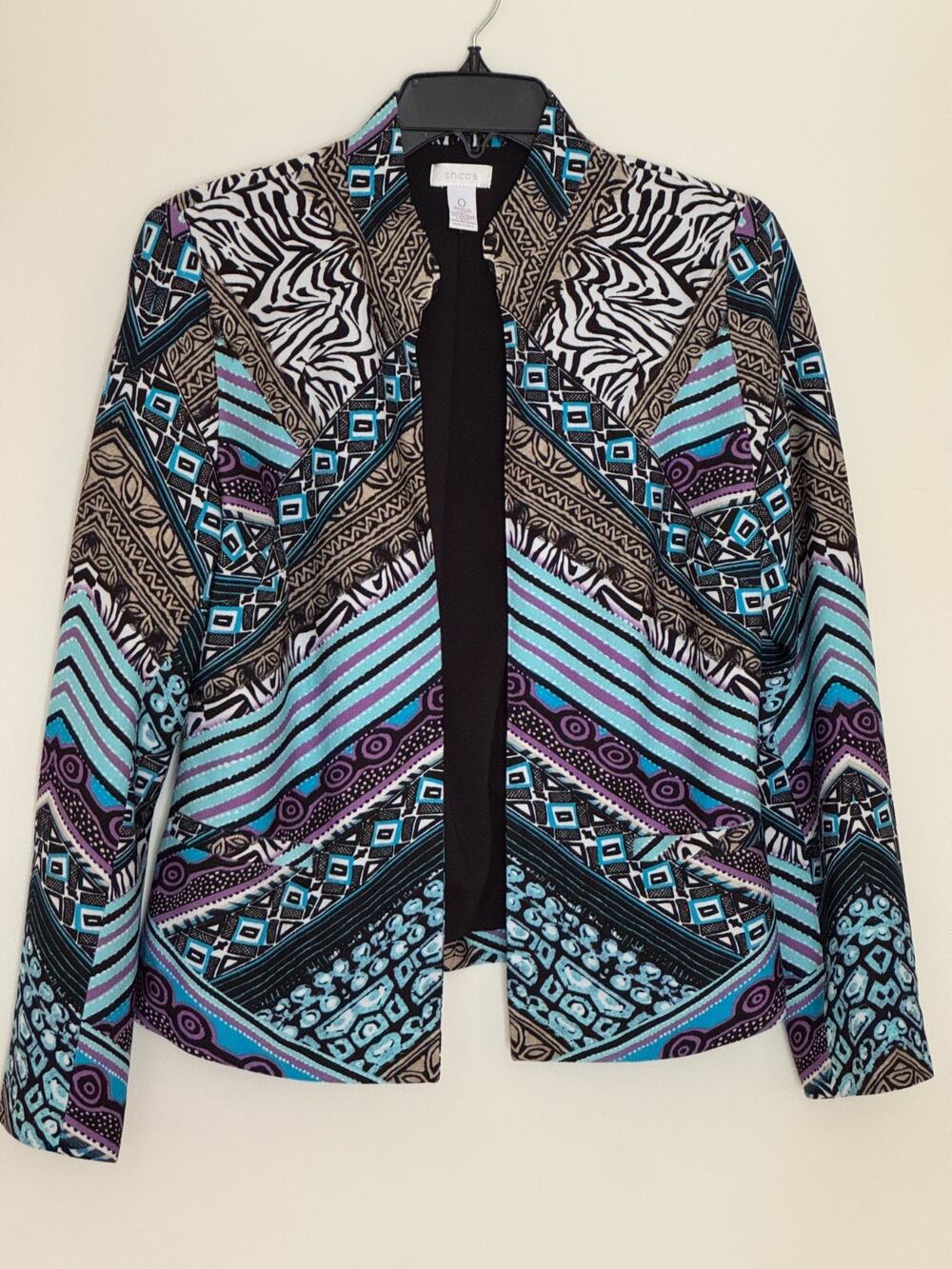 Chico's Abstract Tribal Print Jacket 0 US 4/6 S Open Front Zebra Geometric 112